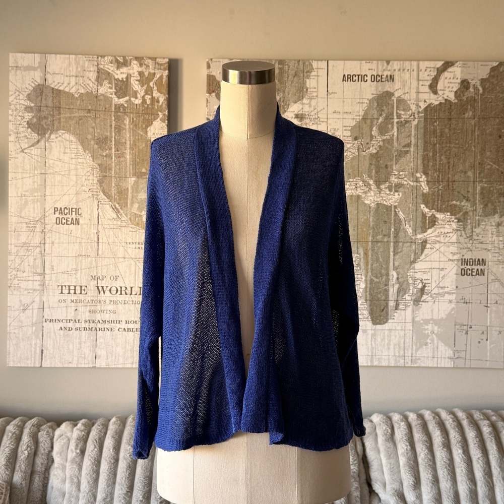 Eileen Fisher Petite Royal Blue Linen Blend Open Front Knit Cardigan PL